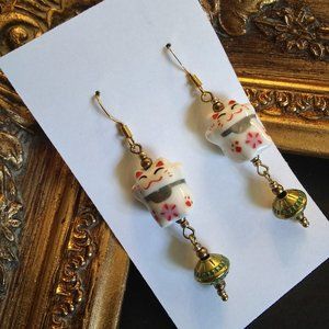 💥LUCKY CAT - Brass and Ceramic Bead Hook Earrings
